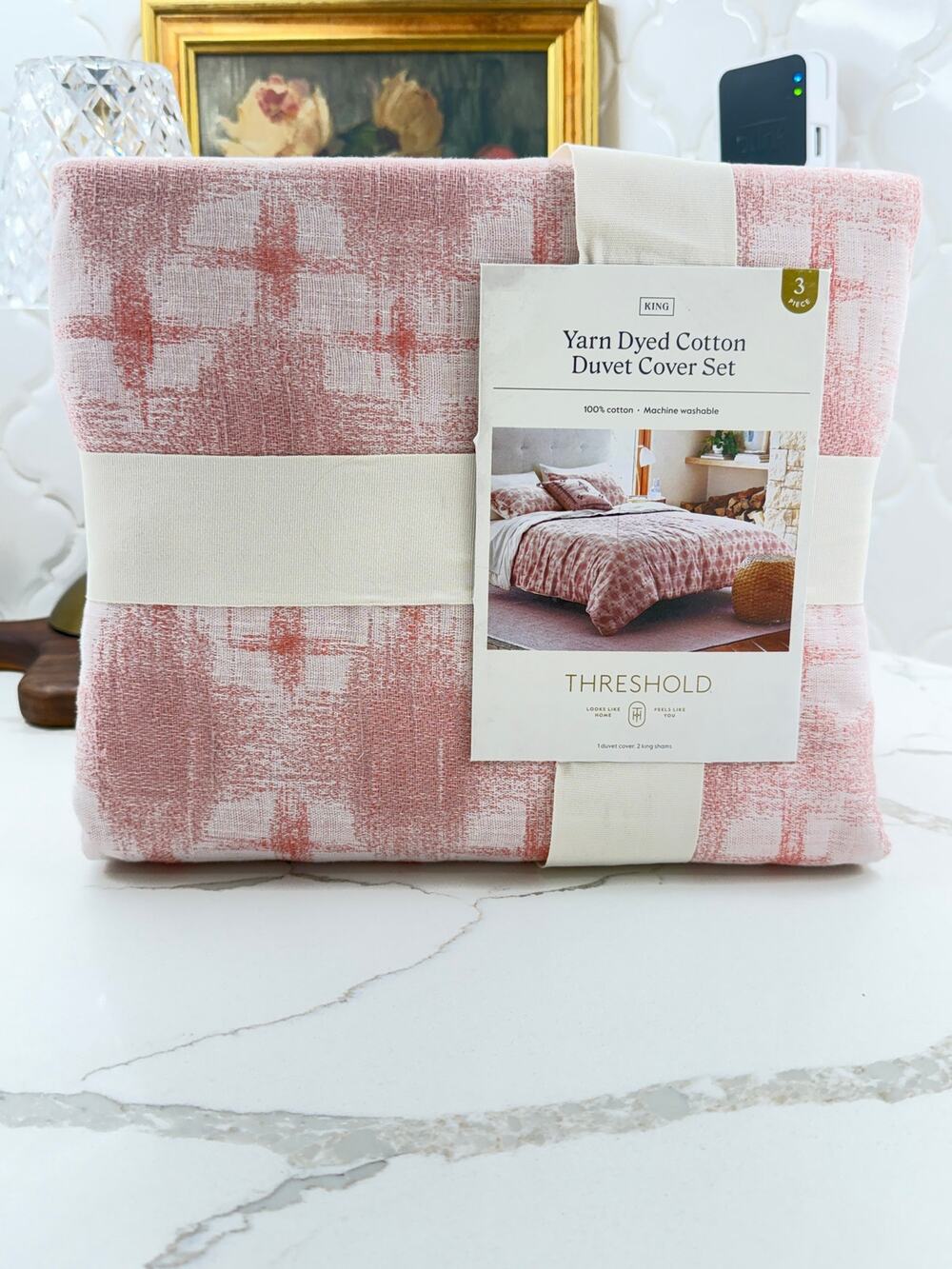 Threshold Yarn Dyed Cotton Duvet Cover Set King Pink Plaid Geometric 3-Piece New